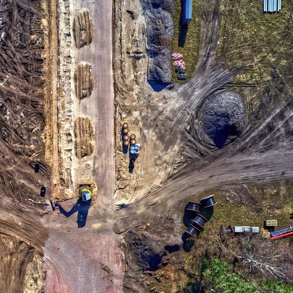 Aerial view of land cleared and graded for development